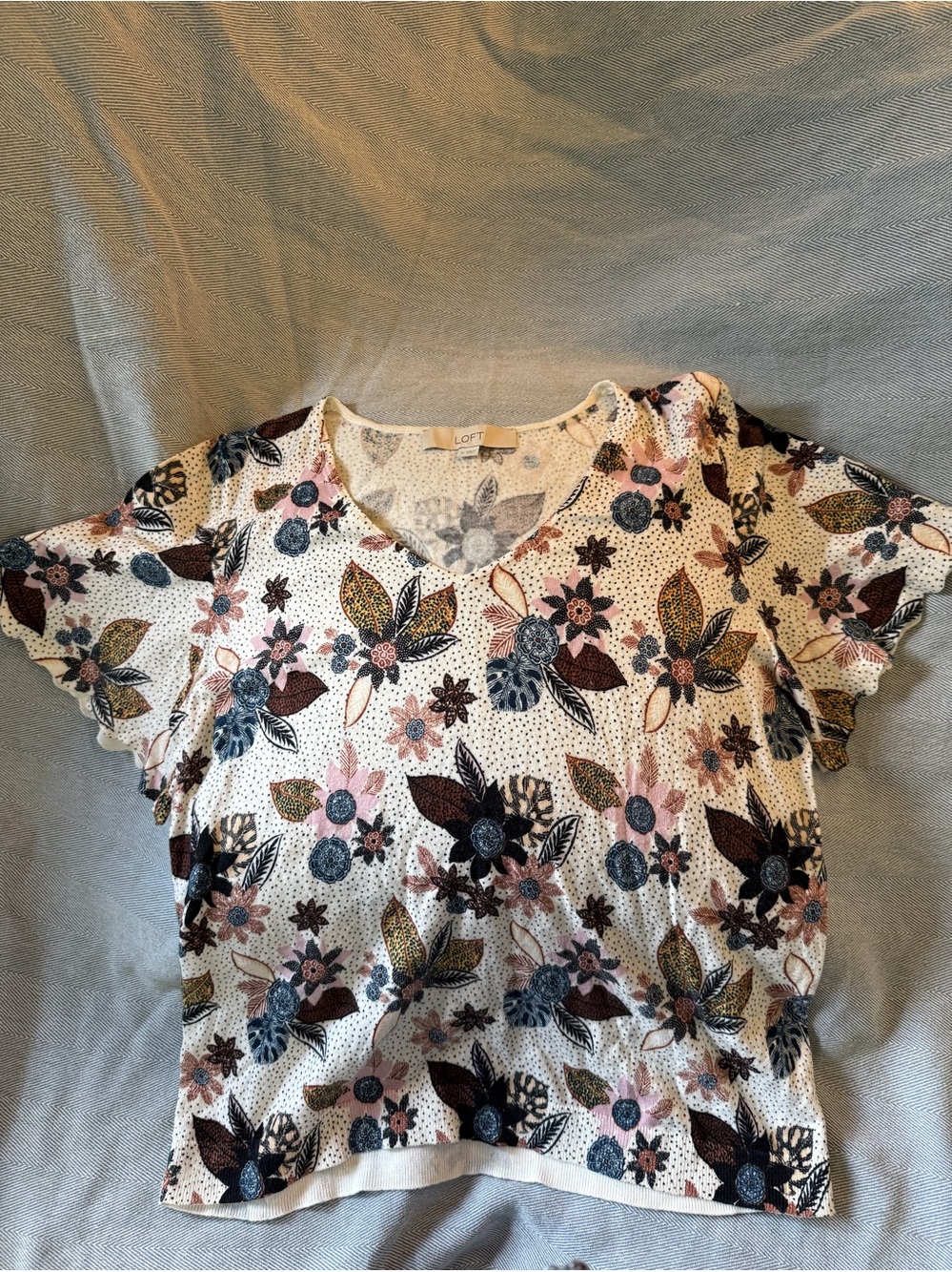 LOFT Cream Floral V-Neck Top with Blue, Brown & Pink Accents